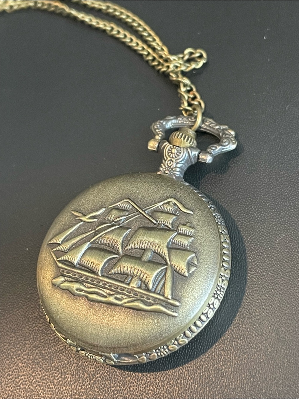 Antique-Style Brass Ship Pocket Watch Necklace - Men's Brass Finish